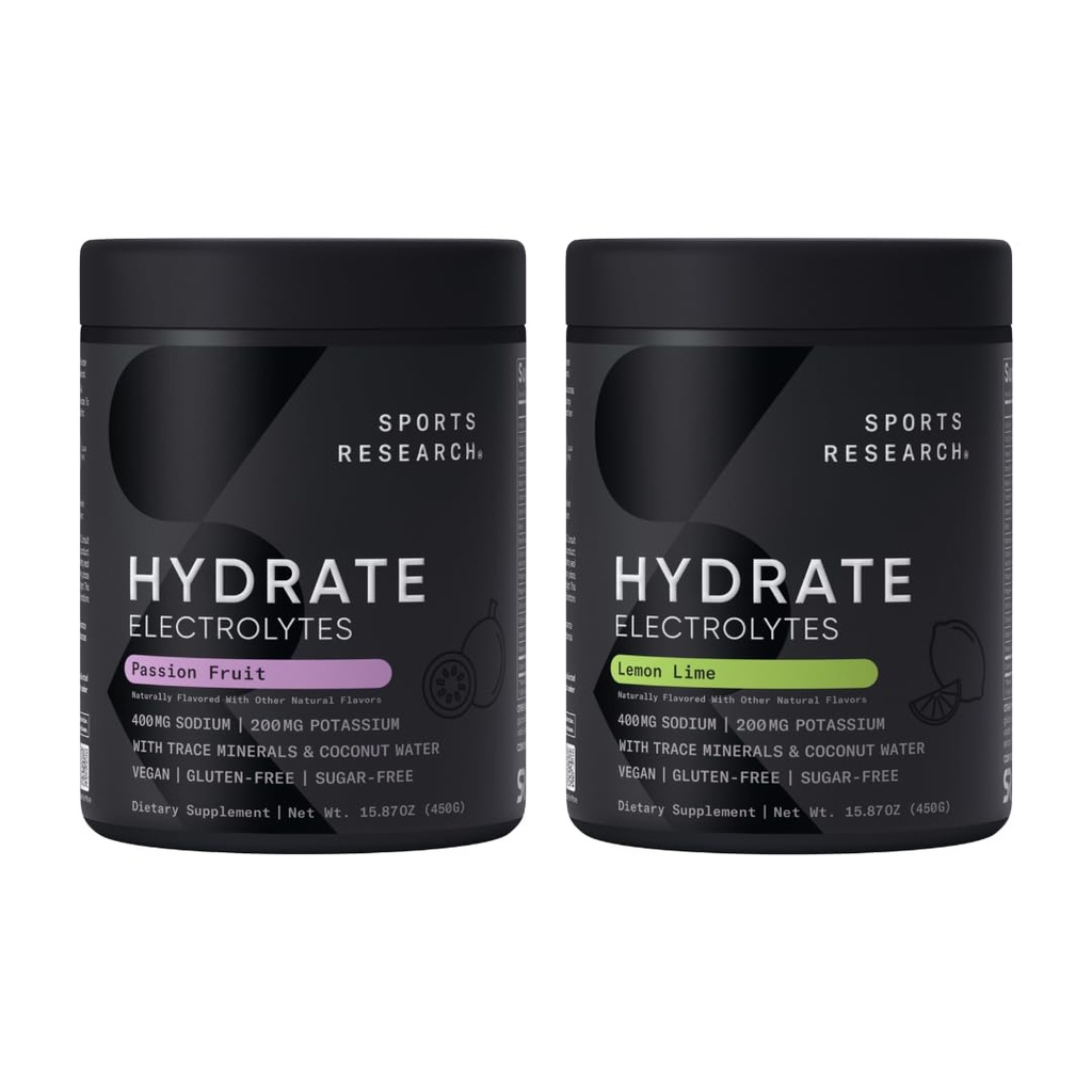 Sports Research Hydrate Electrolytes Powder - Bezcukrowy & Naturalny aromat z witamin, minerałów i wody kokosowej - Wspiera nawadnianie - Passion Fruit & Lemon Lime
