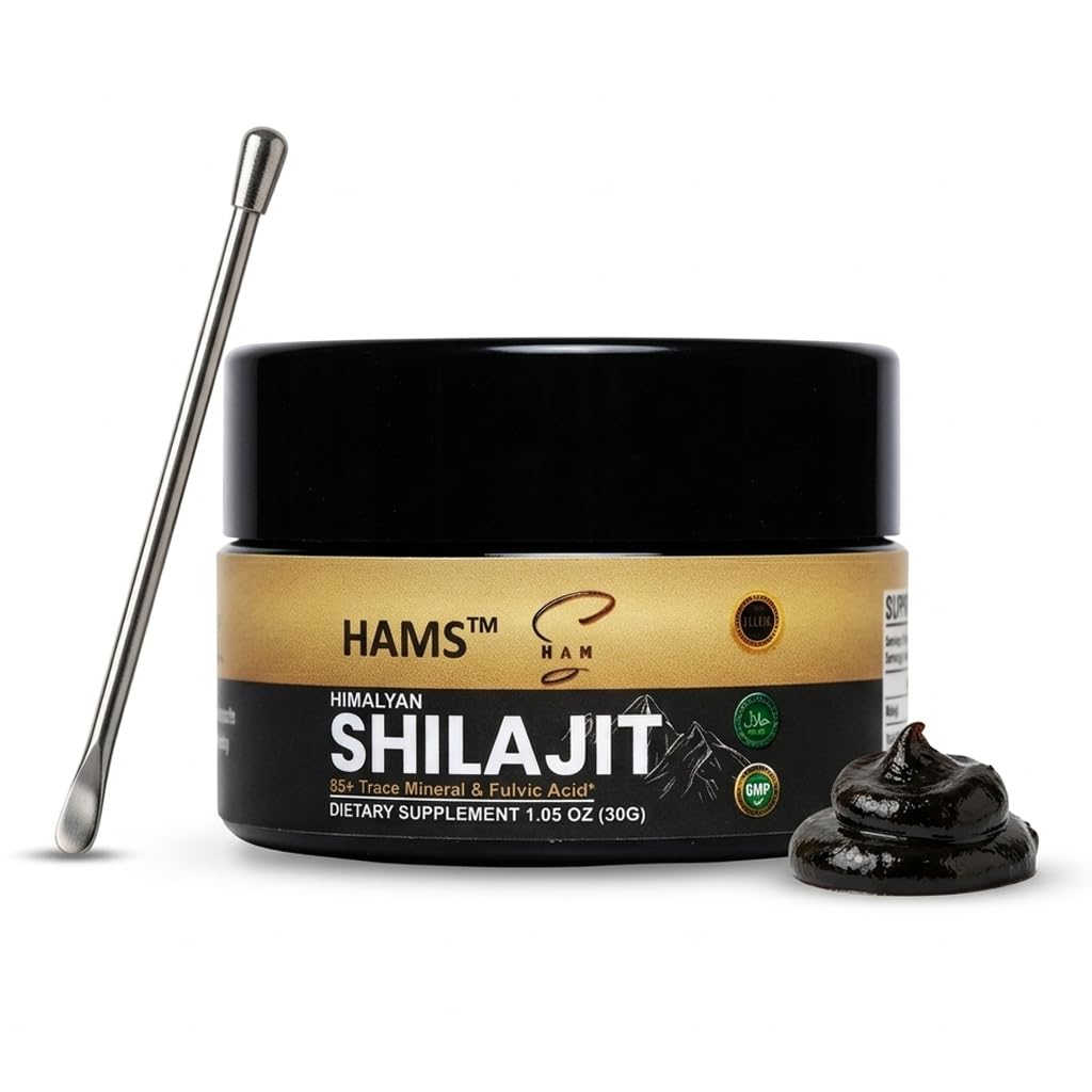HAMS Pure Himalayan Shilajit Resin, Autentyczny Mumijo z 84 + Minerały śladowe, Wysoka Potliwość z Elemental Gold i kwasu Fulvic, Lab Tested, Wegan, 30g