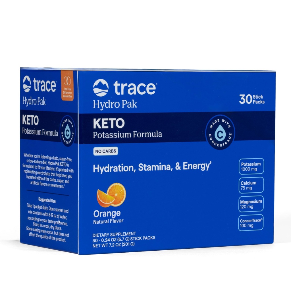 Ślad minerałów Hydro Pak Keto - Napoje do uzupełniania elektrolitów - 1000 mg potasu Plus 70 Wspiera energię, Staminę, & Nawadnianie - Flavor pomarańczowy - 30 Służenie