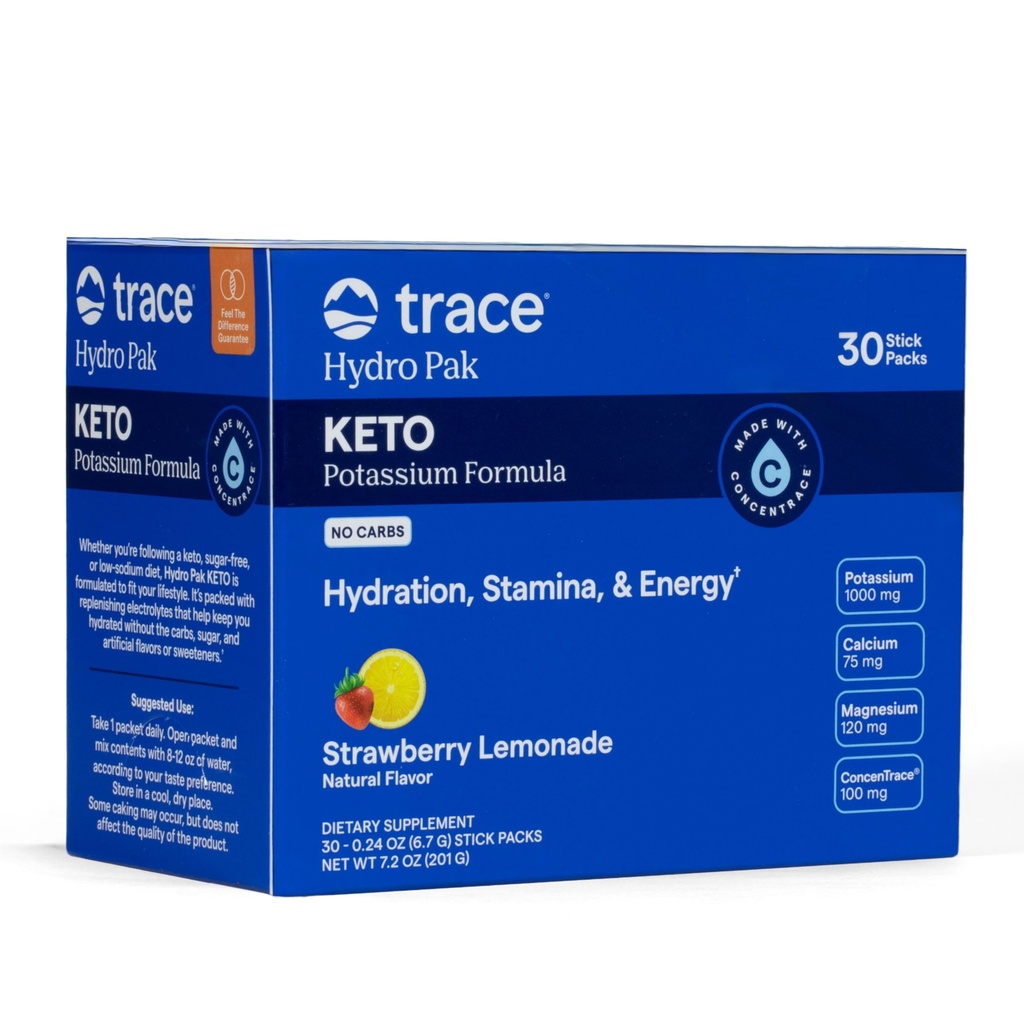 Trace Minerals Hydro Pak Keto - Electrolyte Replenishment Drink Mix – 1000 mg Potassium Plus 70 Supports Energy, Stamina, & Hydration – Strawberry Lemonade Flavor – 30 Servings