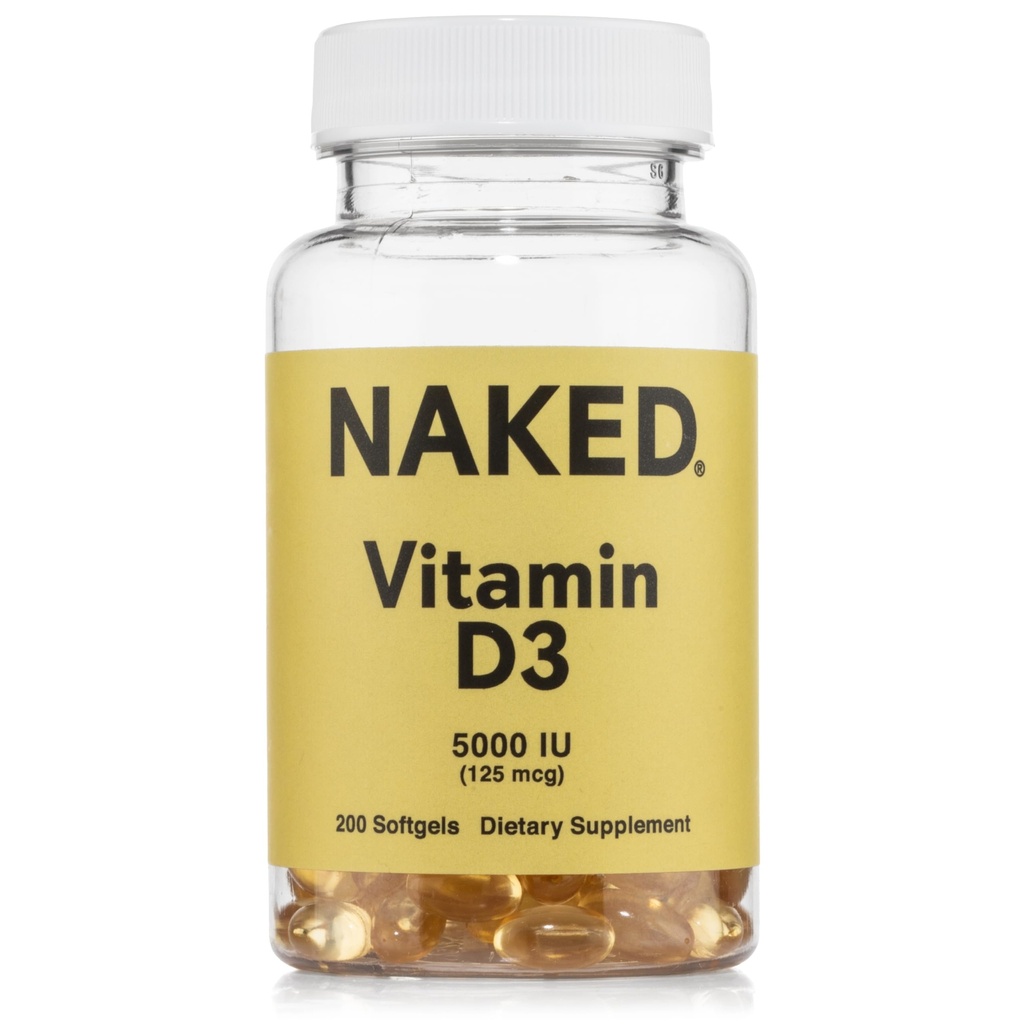 NAKED Witamina D3 5000 j. m. - Wysoka moc suplement witaminy D do wsparcia immunologicznego, wytrzymałość kości, czynność mięśni - 200 Witamina D Softgels