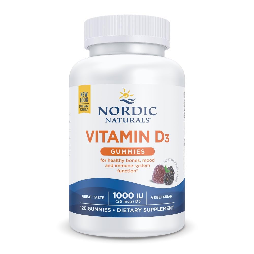 Nordic Naturals Witamina D3 Gummies, Wild Berry - 120 Gummies - 1000 IU Witamina D3, 1,4 mg Żelazo - Wielki smak - zdrowe kości, nastroj i system immunologiczny Funkcje - Non-GMO - 120 Sługi