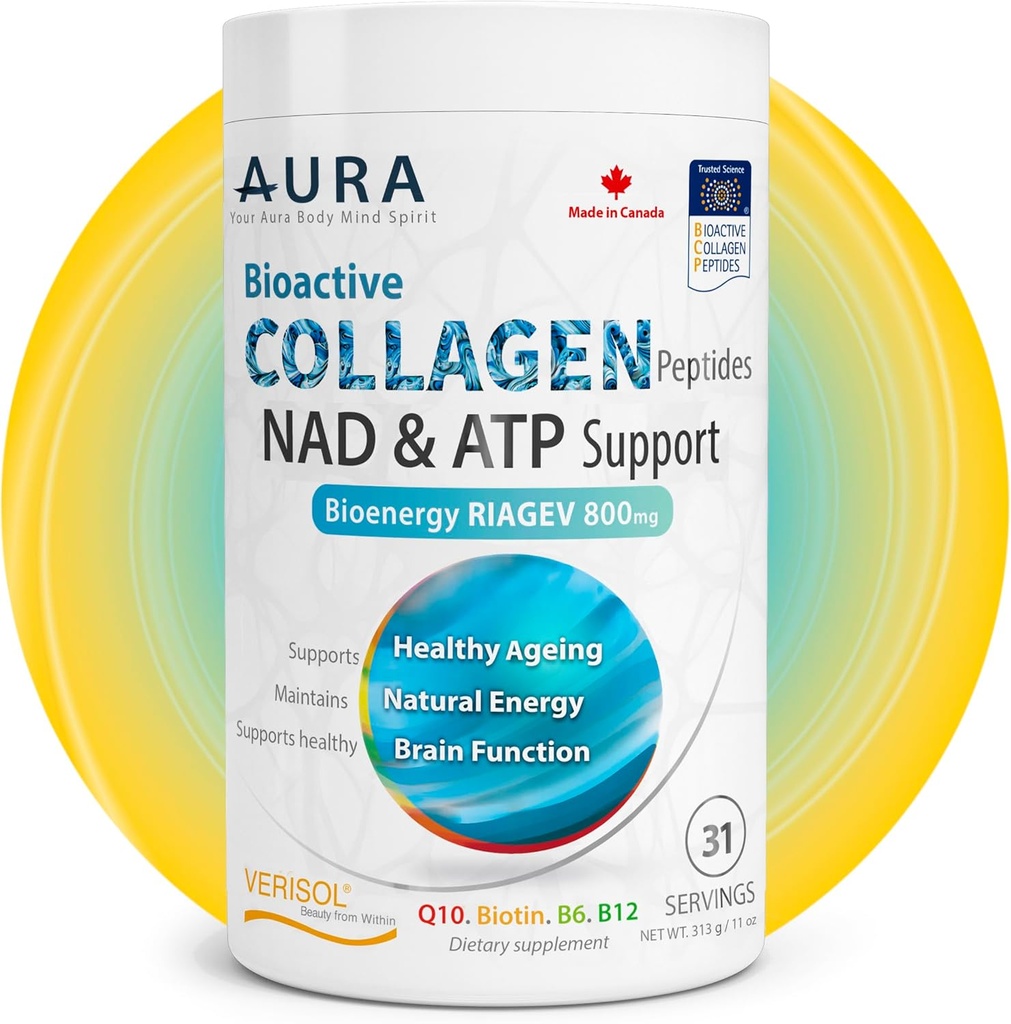 AURA VERISOL ® Bioactive Collagen Peptides ® Proszek z Opatentowanym NAD + & ATP Boosters, zaawansowany system odmładzania komórkowego, Zdrowe Starczenie i Naprawa DNA, Unflavored, Made in Canada, 31 Służenia.
