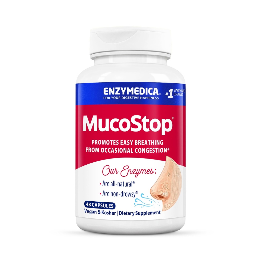 Enzymedica, MucoStop, Natural Enzyme Supplement, Relieves Sezonowe lub Sporadyczne Zatory, Wsparcie Easy Breathing, 48 Count