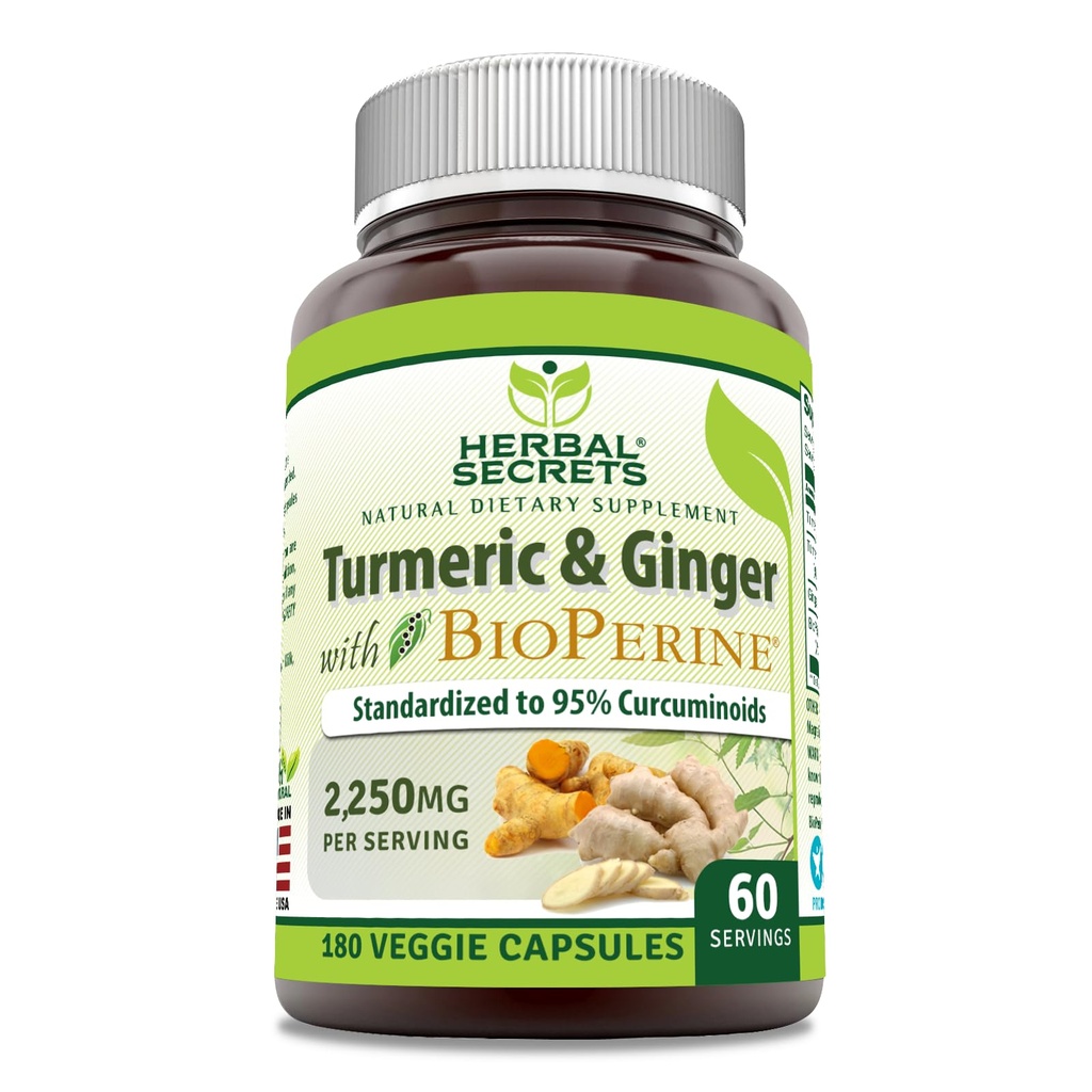 Herbal Secrets Turmeric Curcumin & Ginger with BioPerine Supplement Agregat 124; 2,250 Mg Per Serving Agregat 124; 180 Kapsułki Agregat 124; Non- GMO Agregat 124; Gluten Free Agregates 124; Made in USA