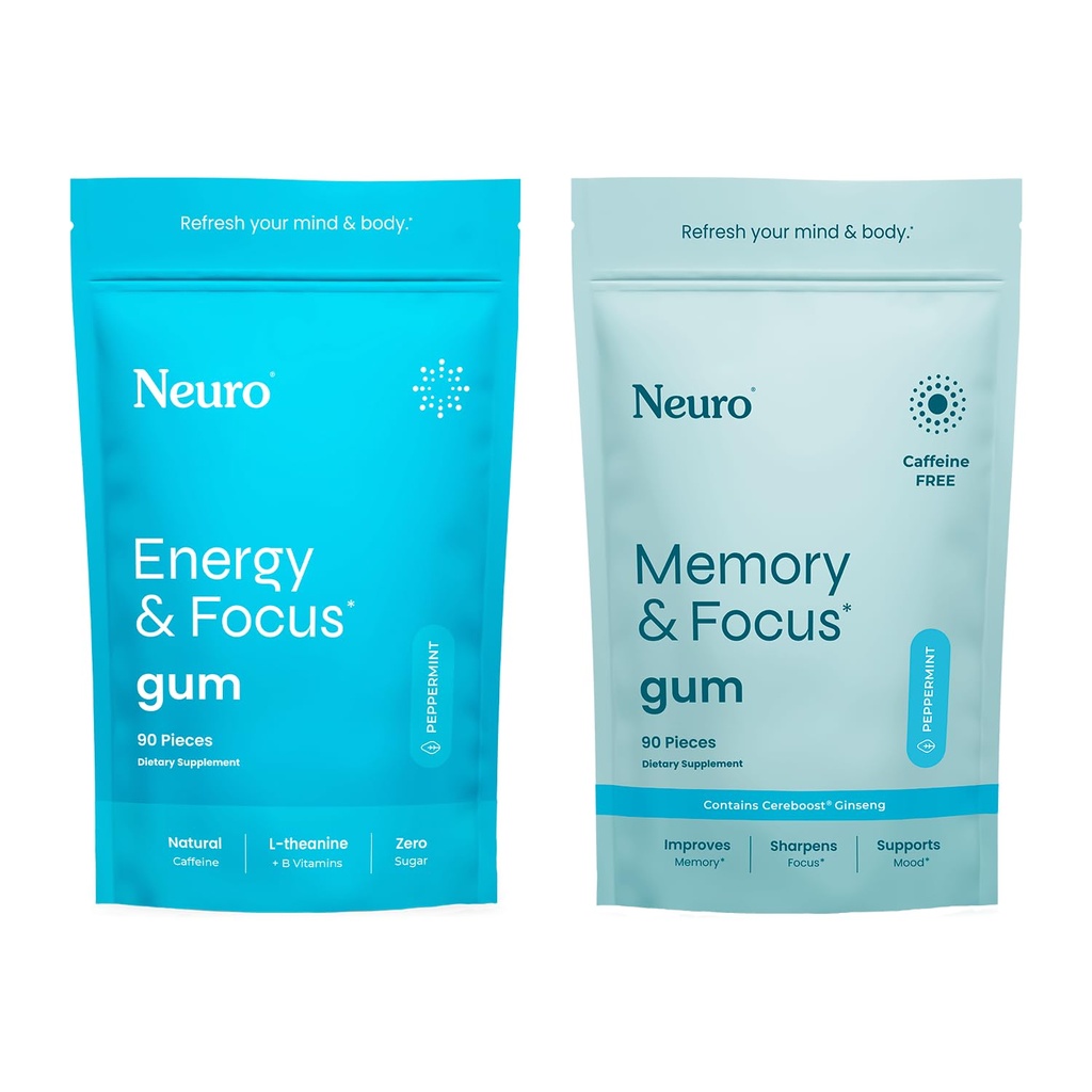 Neuro Focus Set - 90 Count Each (Peppermint) - Sugar Free Nootropic Gums z naturalną kofeiną, L- Theanine, B- Vitamin & Ginseng for Energy, Alertness & Clarity
