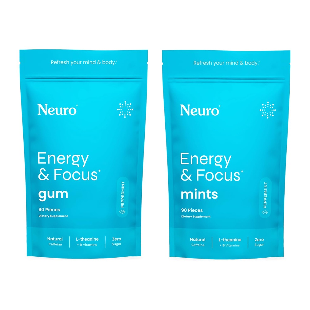 Neuro Energy & Focus Bundle - Peppermint Nootropic Gum (90ct) + Mints (90ct), Natural Cafeline, L- Theanine, B12 + B6, Sugar-Free Brain Support for Clarity & Energy