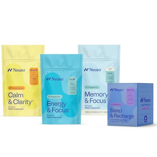 Neuro Day to Night Brain Support Bundle - Energy & Focus Gum, Memory & Focus Gum (Peppermint, 90 Count), Sleep & Recharge Mints (Mieszane Berry, 72 Count), Calm & Clarity Mints (Honey Lemon, 90 Count)