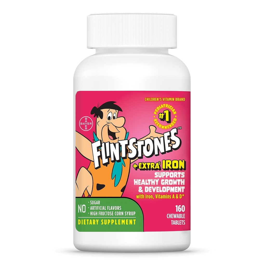 Flintstones Vitamins Chewable Kids Multivitamin with + Extra Iron for Toddler & Kid with Vitamin C, D, Vitamin B12, 160 Count (Packaging Will Vary)