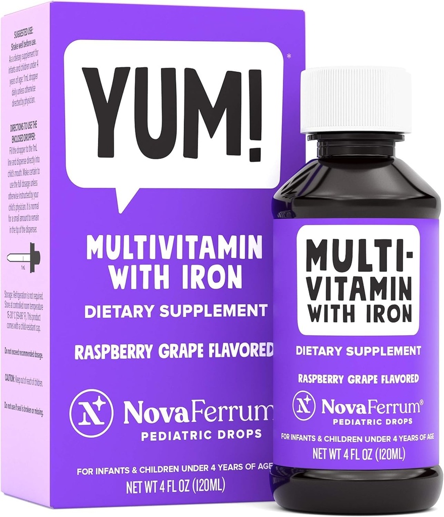 NovaFerrum Yum Between 124; Multiwitamina z żelazem dla niemowląt, Toddlers & Kids Between 124; Immune Support Between 124; Ages 4 & Under Between 124; Gluten Free Certified Between 124; Sugar Free Between 124; Raspberry Grape Between 124; 120 Servings
