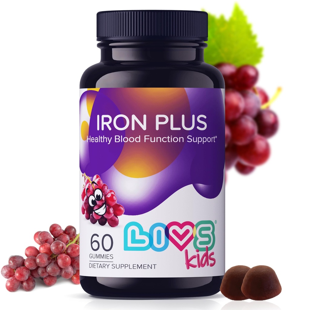 Suplement do żelaza LIVS dla dzieci z witaminą C, A, B3, B5, B6, B12, Biotin, Cynk i Folate 124; Non-GMO, Gluten Free Chewable Supplement jako Gummy for Energy Boost and Anemia Support - 60 Count
