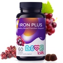 Suplement do żelaza LIVS dla dzieci z witaminą C, A, B3, B5, B6, B12, Biotin, Cynk i Folate 124; Non-GMO, Gluten Free Chewable Supplement jako Gummy for Energy Boost and Anemia Support - 60 Count
