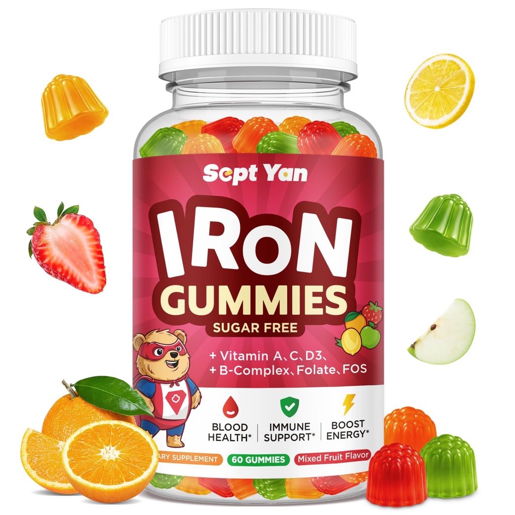 Żelazo Suplement Gummies dla dzieci, Dzieci Multiwitamina z żelazem - Witamina B Complex, C, D3, Wapń, Folate, Cynk, FOS for Blood Builder & Energy Support, Niedobór żelaza, Wegan, Mieszany aromat owocowy, 60