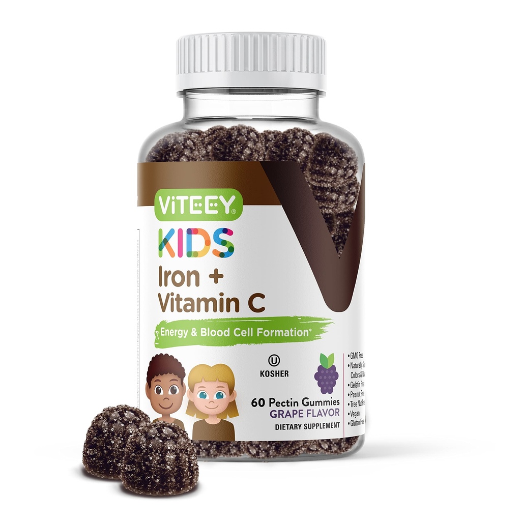 Żelazne gumki Viteey dla dzieci z witaminą C - Wspiera energię, Formulacja komórek krwi, Blood Builder Anemia Dzieci suplementy żelaza - Wegan, Żelatyna wolna, Gluten wolny - Smaczne winogrona do żucia
