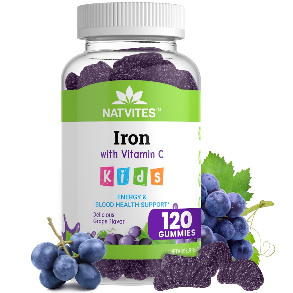 Kids Iron Gummies with Vitamin C - Delicious Grape Flavor - Energy & Blood Health Support - Gluten Free Non-GMO Vegetarian Children's Iron Supplement for Kids and Toddlers Age 2+ (120 Count)