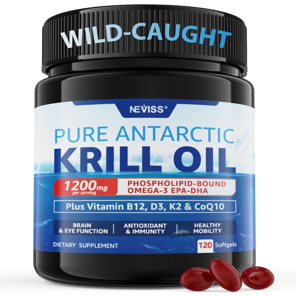 Olejek kryla antarktycznego 1200 mg Suplement Omega 3, Omega 3 Softgels oleju kryla w / EPA, DHA, Astaksantyna i fosfolipidy do mózgu i przeciwutleniaczy, zrównoważony sourced, No Fishy Aftertaste, 120 Softgels