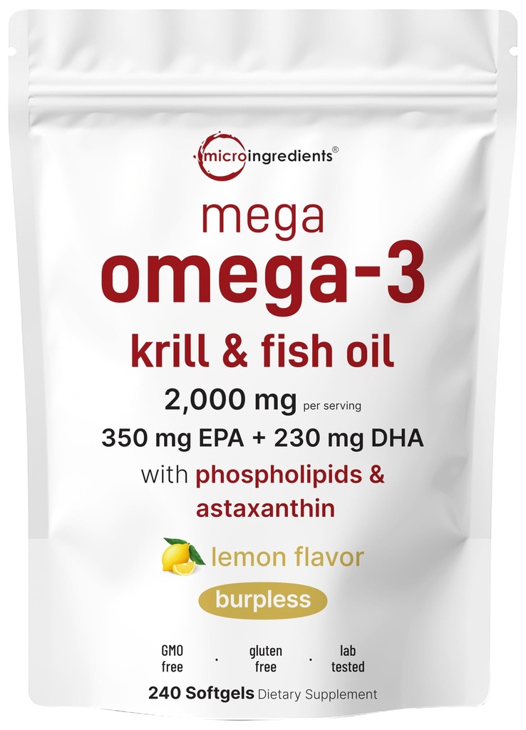 Mega Omega-3 Krill & Fish Oil 2,000mg Equivalent, 240 Softgels Between 124; Lemon Flavored Beautiful 124; Esential Fatty Acids & Astaxanthin Between 124; EPA 350mg + DHA 230mg Between 124; Heart & Brain Supplement