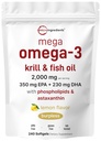 Mega Omega-3 Krill & Fish Oil 2,000mg Equivalent, 240 Softgels Between 124; Lemon Flavored Beautiful 124; Esential Fatty Acids & Astaxanthin Between 124; EPA 350mg + DHA 230mg Between 124; Heart & Brain Supplement