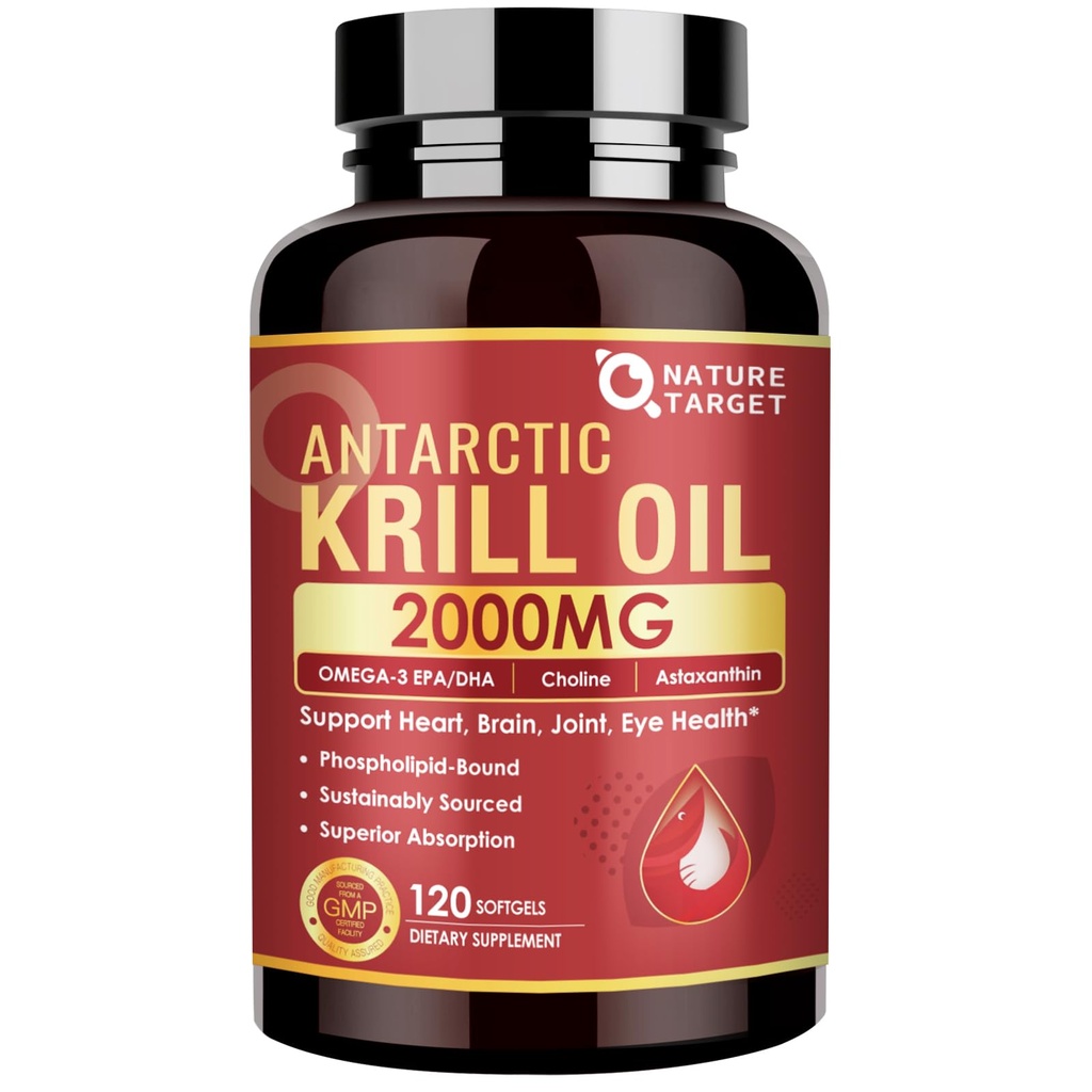 NATURE DOCELOWE Oil kryll 2000 mg z Omega-3 EPA & DHA z suplementem Astaksantyny, Cholina - Wspomaga serce, Mózg, Dołącz, Zdrowie oczu, Non-GMO, Gluten Free, 120 Softgels (60 Sług)