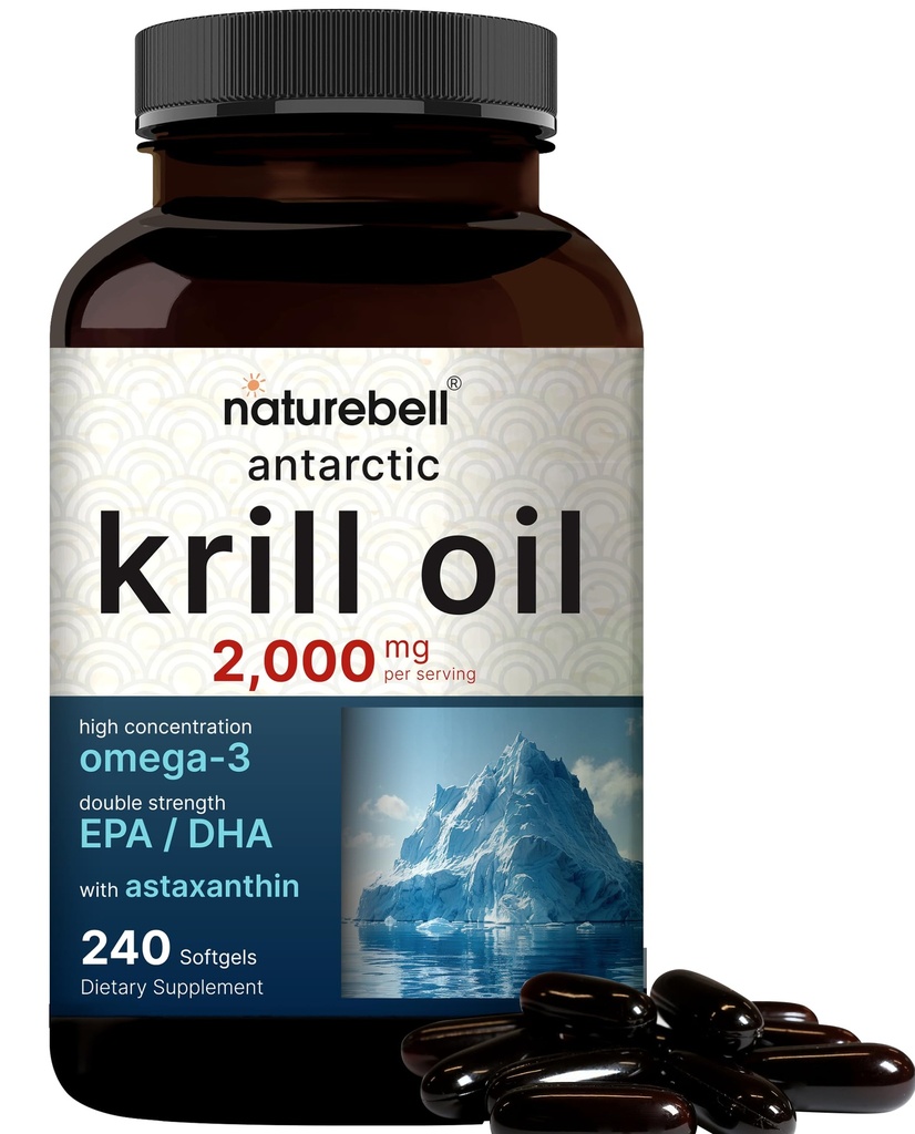 NatureBell Antarctic Krill Oil 2000mg Supplement, 240 Softgels, 3X Siła Naturalne Źródło Omega- 3, EPA 240mg + DHA 160mg + Astaksantyna 800mcg - No Fishy Aftersmast - Mercury Free & Non-GMO