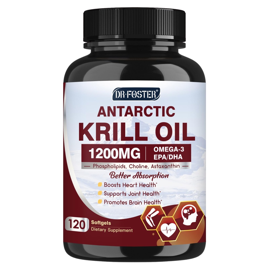 Kryl Oil 1200mg, Antarktyka Omega Oil 3 Suplement z EPA, DHA Astaksantyna i fosfolipidy dla Heart & Brain & Joint Health, No Fishy Aftersmast, 120 Softgels (60 Servings)