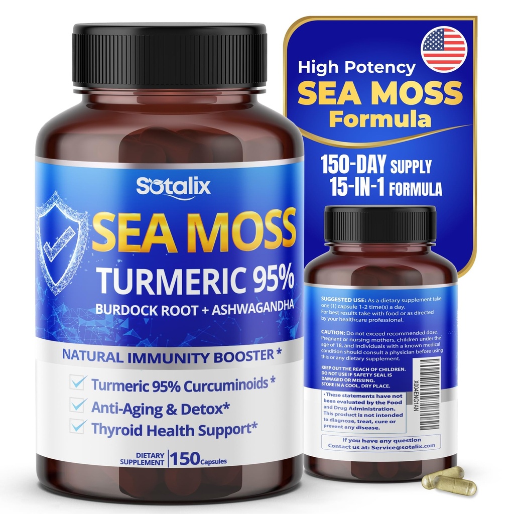 Sotalix Sea Moss Kapsułka z Ashwagandha, Burdock Root, Bladderwrack, Turmeric - Potężny Naturalny Immunitet Booster - USA Made (150 Count (Pack of 1))