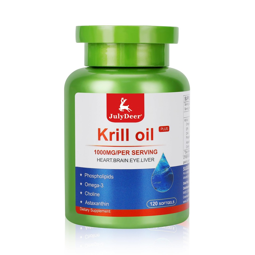 JulyDeer Krill Oil 1000 mg z Omega- 3s EPA, DHA, Astaksantyną i fosfolipidami 120 Softgels Supplement, kryl antarktyczny No Fishy Aftersmast for Joint, Heart, Brain and Immunity