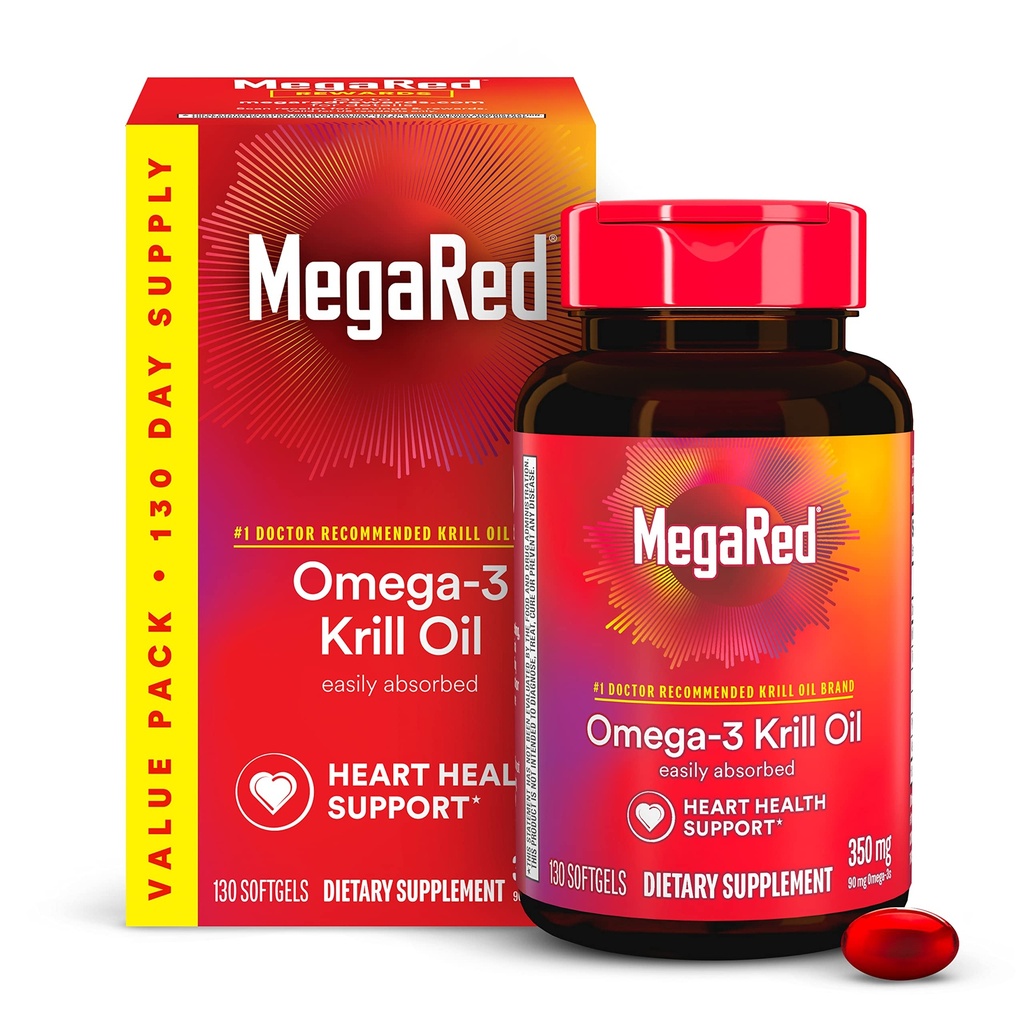 MegaRed - Omega-3 Oil kryll 350mg Softgels (130 Count in A Bottle), EPA & DHA Omega-3 Acids fatty with No Fishy Aftersmast W przeciwieństwie do oleju rybnego, Zawiera przeciwutleniacz Astaksantyna
