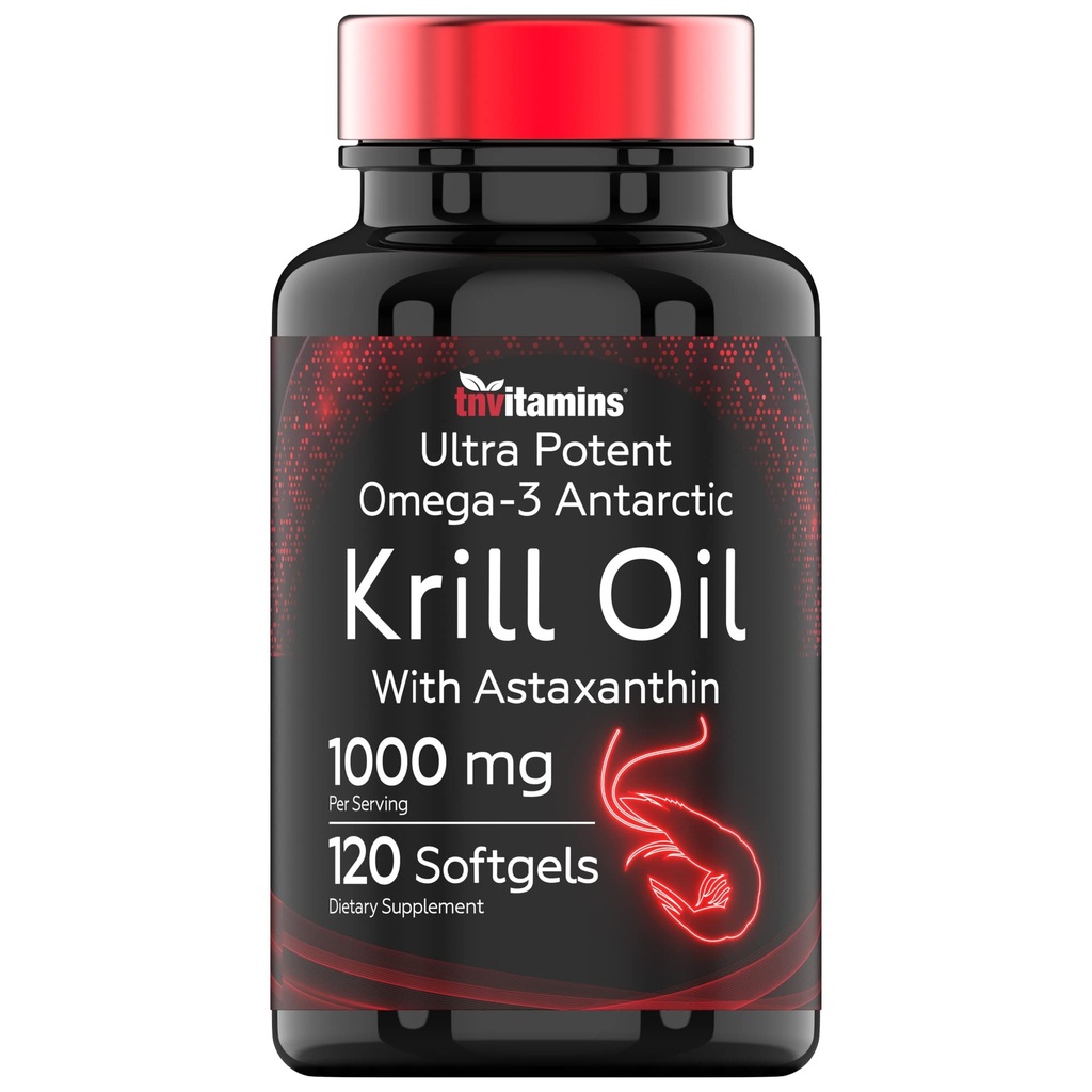 Olejek z kryla antarktycznego 1000mg - 120 Softgeli z Astaksantyną 124; 1000mg oleju z kryla czerwonego, 200 mg fosfolipidów, 120 mg EPA, 80 mg DHA, 200 µg Astaksantyny 124; Potent & Pure Omega-3 Zimny kryl wodny