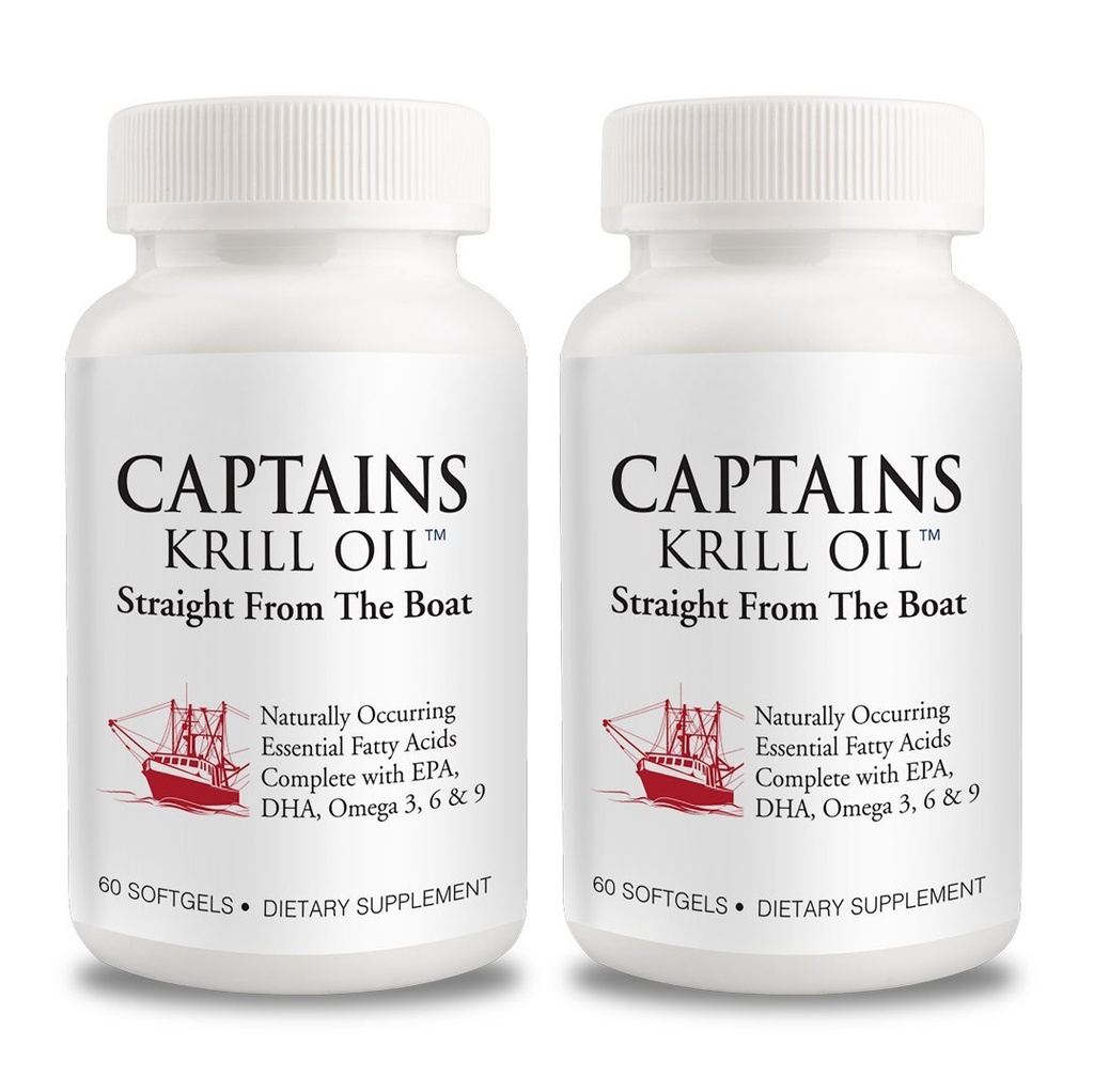 Captains Pure Antarctic Krill Oil Softgels 124; Omega 3 EPA, DHA with Astaxanthina & Phosholipids 124; No Additives or Chemicals British 124; 1000mg per Serving, 60 Capsules, 2- Pack