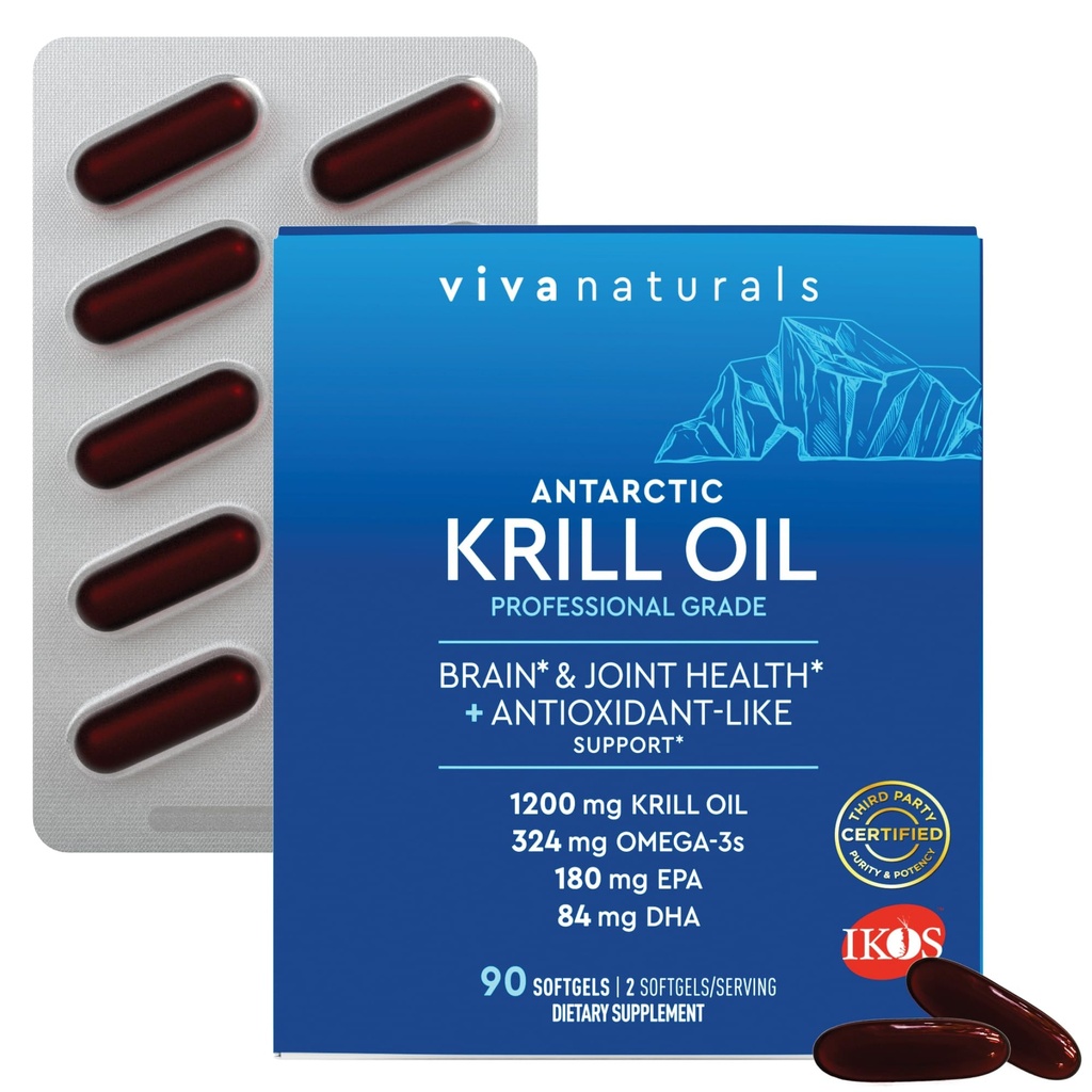 Viva Naturals Antarctic Krill Oil, 1200 mg - Omega-3 DHA & EPA z Astaksantyną dla Joint Health, No Fish Burp, 90 Softgels