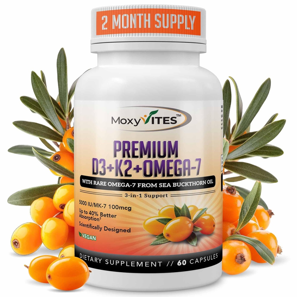 MoxyVites Witamina D3 K2 5000 j. m. - Wysoka absorpcja D3 + K2 MK- 7 z Sea Buckthorn Oil & Omega- 7 - Kość, Serce i wsparcie immunologiczne dla kobiet i mężczyzn - 60 Kapsułki wegetariańskie
