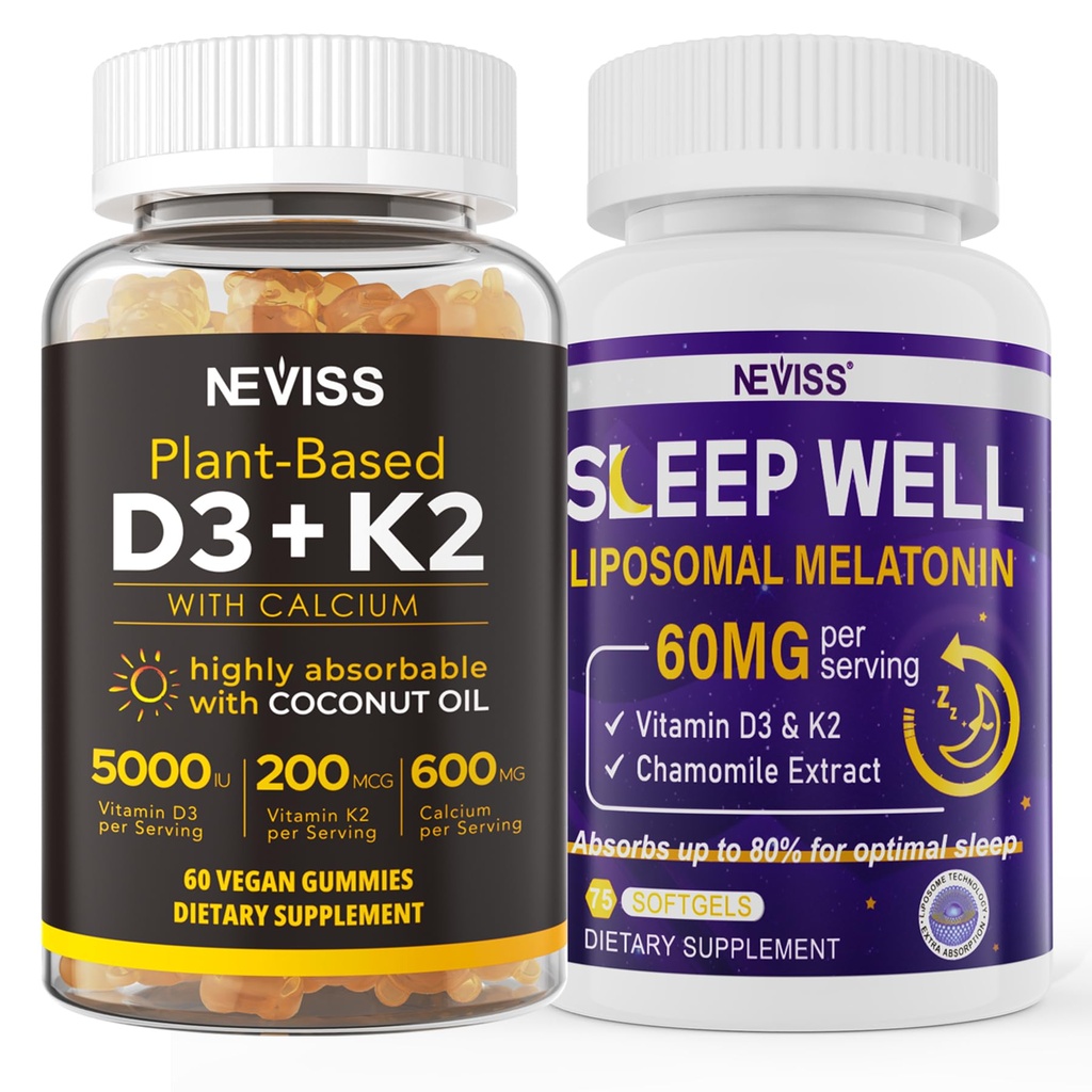 NEVISS Witamina D3K2 5000IU Gumiaki + Melatonina 60 mg dla dorosłych Bundle