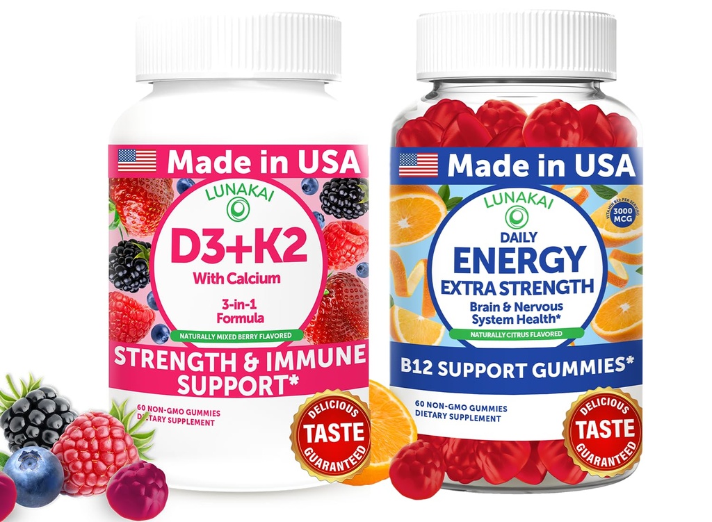 Lunakai USA Made D3 + K2 z wapniem i energią B12 Gummies Bundle - Wegan, Non-GMO - 60 Gummies Każdy