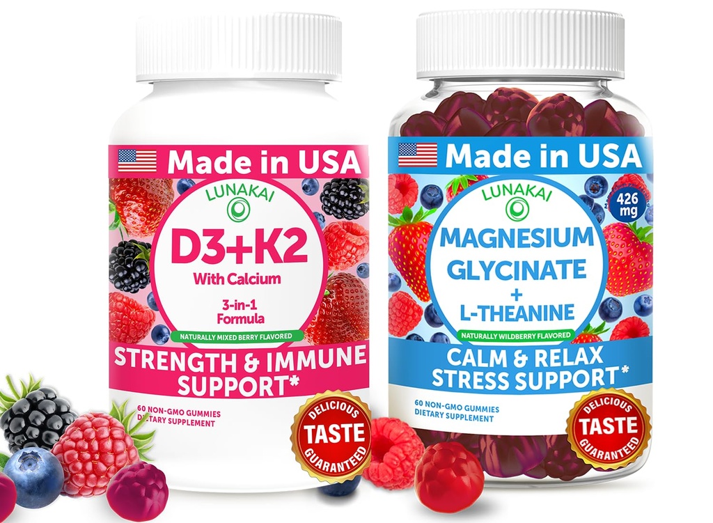 Lunakai USA Made D3+K2 with Calcium & Magnesium Glycinate + L-Theanine Gummies Bundle – 60 Non-GMO Gummies Each