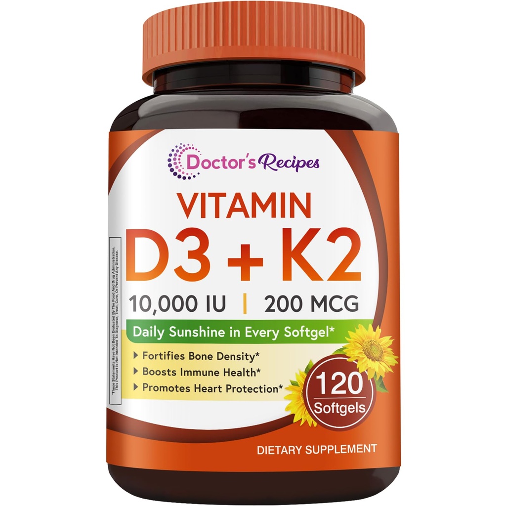 Lekarz 's Recipes Witamina D3 K2, 10 000 IU, 200 mcg, MK- 7, Silna gęstość kości, Zęby, Immunitet, Wspomaganie serca, Energia, Wchłanianie wapnia, No Soy & Gluten, Non-GMO, 120 Softgels