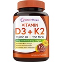Lekarz 's Recipes Witamina D3 K2, 10 000 IU, 200 mcg, MK- 7, Silna gęstość kości, Zęby, Immunitet, Wspomaganie serca, Energia, Wchłanianie wapnia, No Soy & Gluten, Non-GMO, 120 Softgels