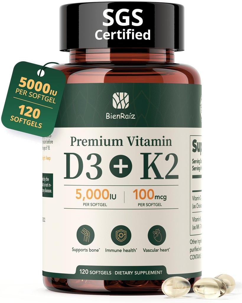 Witamina D3 K2 5000IU 100mcg MK- 7, 120 Softgels, 2- in-1 K2 D3 Suplement witaminy dla zdrowia kości, Wsparcie immunologiczne, Lepsze wchłanianie wapnia, Łatwy do połknięcia, Jeden dzień, 120 Day Supply