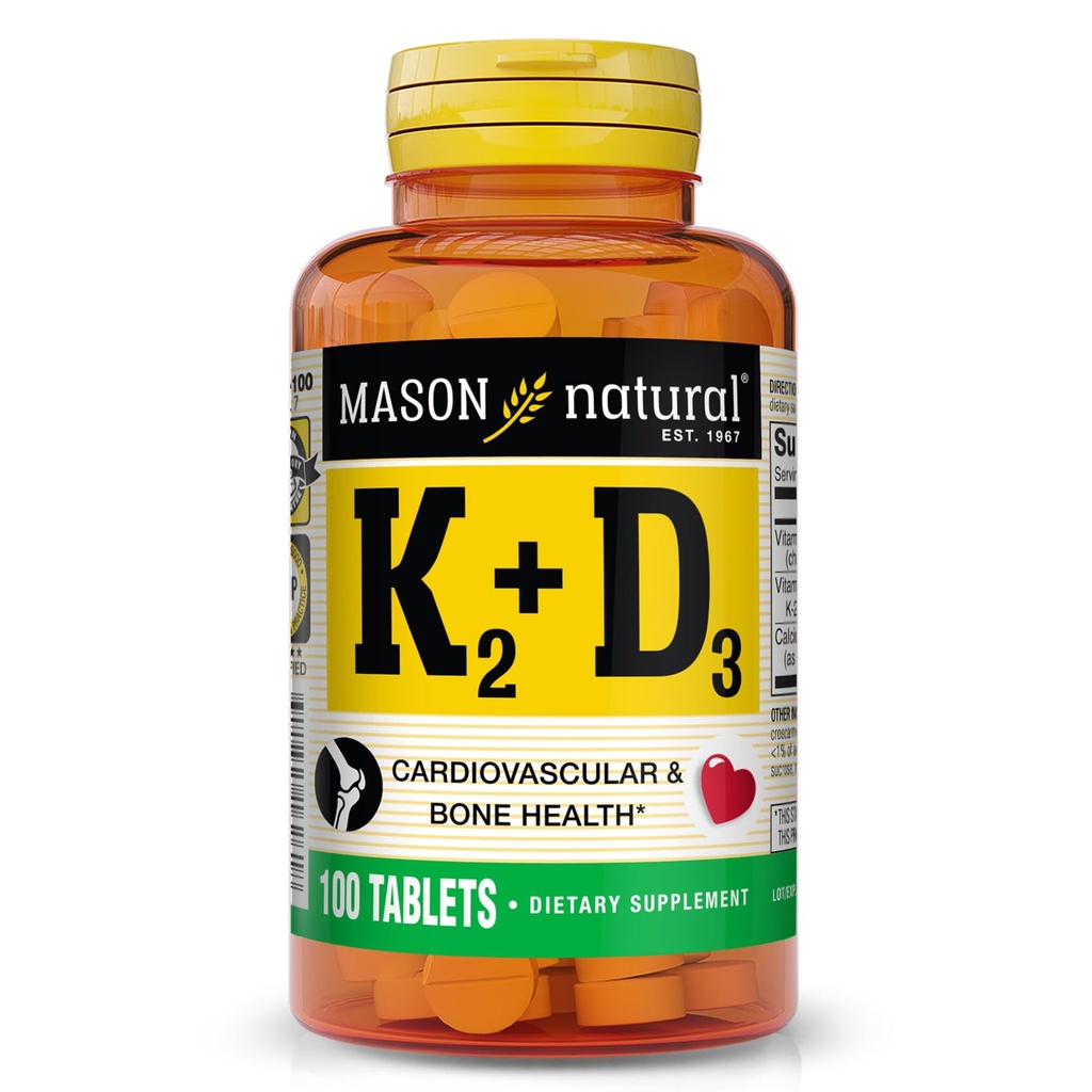 MASON NATURAL Witamina K2 + D3, 100, Day Supply, z wapniem do normalnej kości i mięśni Wsparcie, Tabletki
