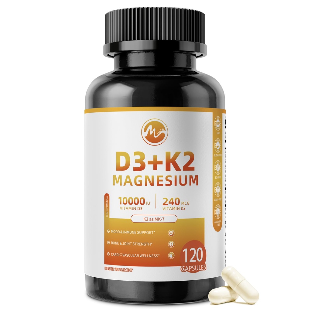 M inch Vitamin D3 K2 with Magnesium, Vitamin D3 10000 IU, Vitamin K2 MK-7 240 mcg, 6-in-1 K2 D3 Vitamin Supplement with Quercetin for Bone, Immune & Moo*d Support, Highly Bioavailable, 120 Capsules