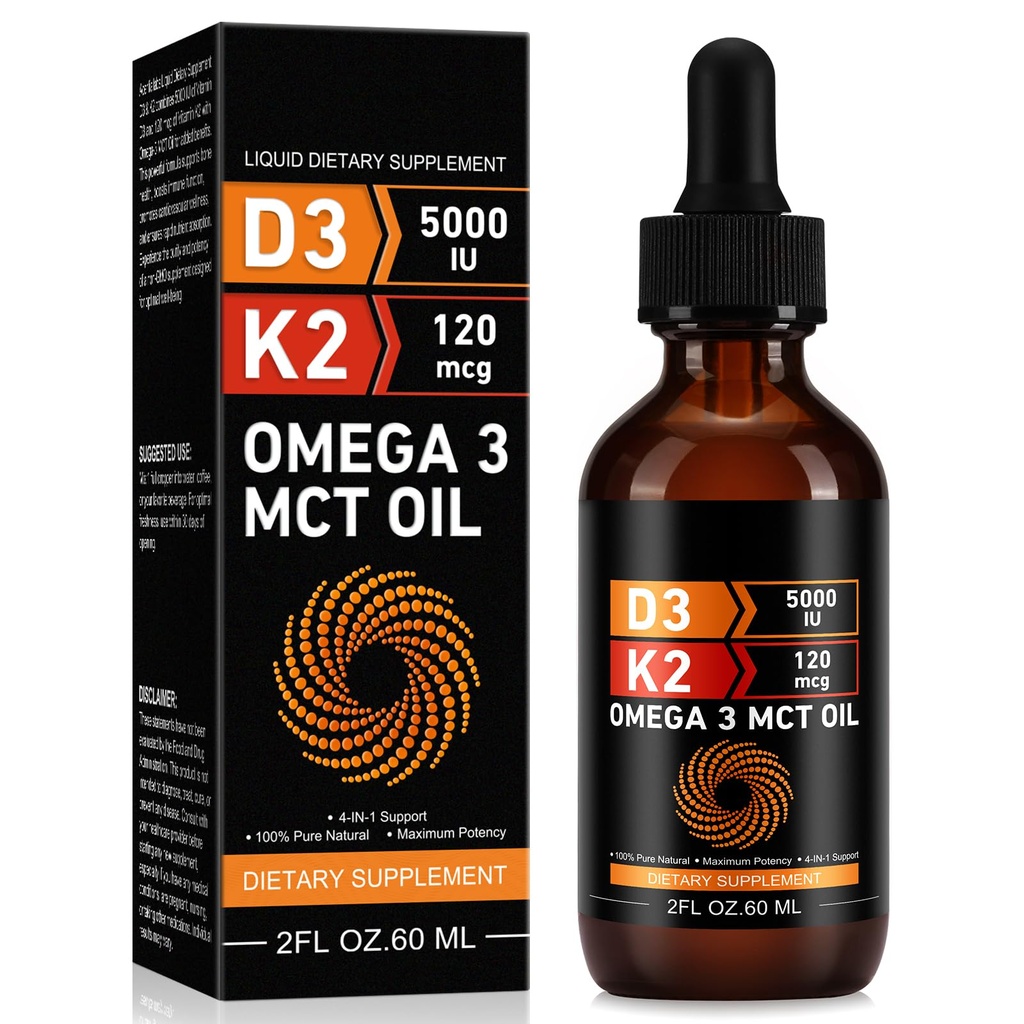 Daiasns Witamina D3 5000 j. m. & K2 (MK- 7) 120 µg 60 ml Krople z MCT Omega 3, Płynna witamina D3 & K2 Suplementy - 2 Miesiące Dostawy -Wspiera Kości, Zęby, Nastrój i System immunologiczny, Wchłanianie wapnia