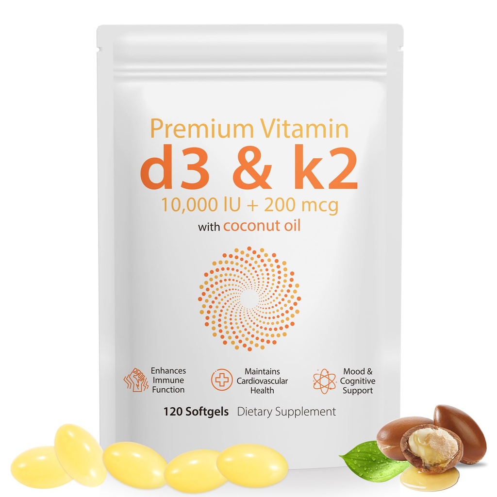 Daiasns Witamina D3 K2 10000iu Wspiera mięśnie i zdrowie mózgu -Wysoka potencja D3 K2 Suplement pomaga w immunologicznym i sercowo - 120 Softgels