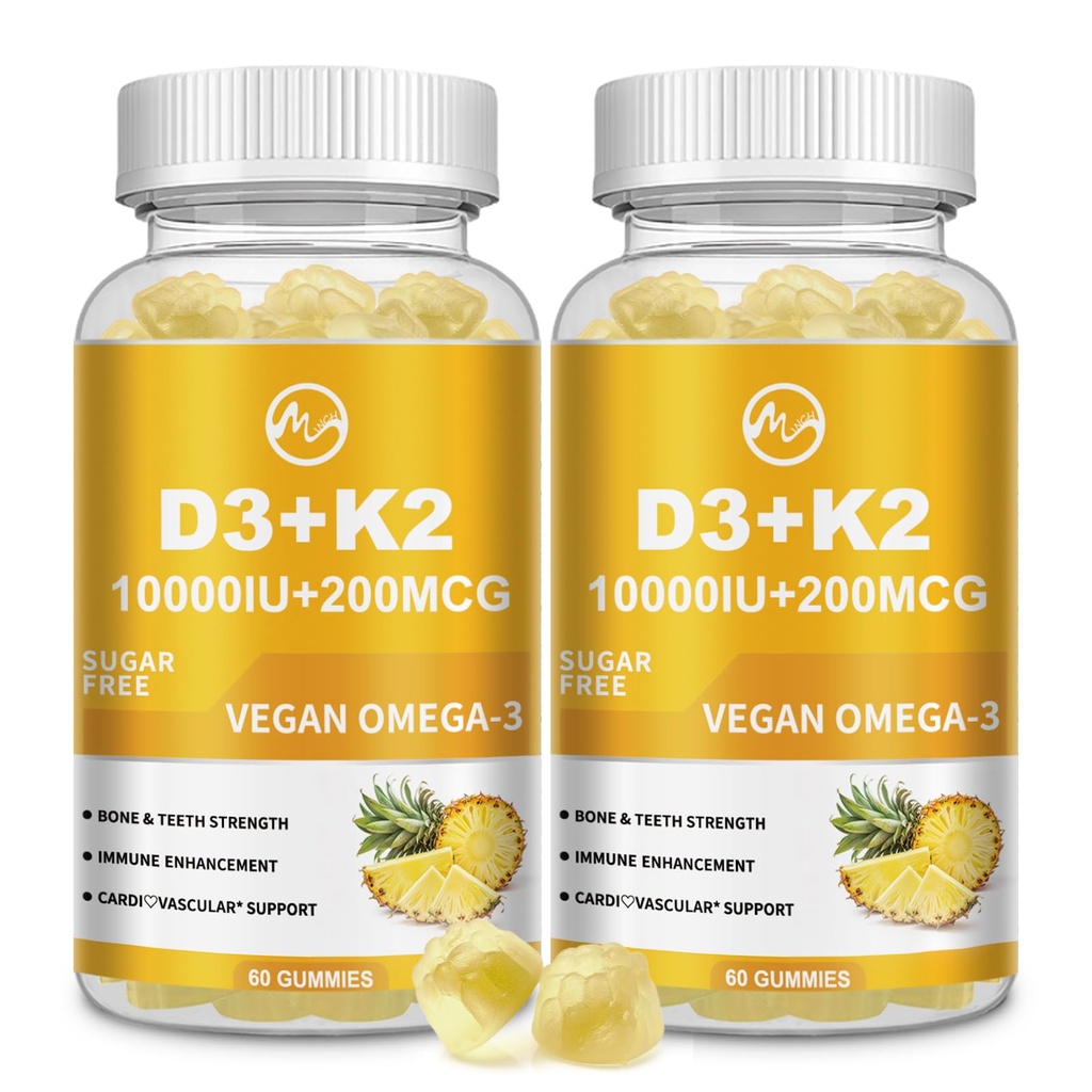 M cala Witamina D3 K2 Gumiaki, Witamina D3 10000j. m., K2 (MK- 7) 200mcg, 6- in-1 Vitamina D3 con K2 Suplement z Omega-3 dla kobiet i mężczyzn - Kości, Zęby i wsparcie immunologiczne, Bez cukru, 2 opakowania