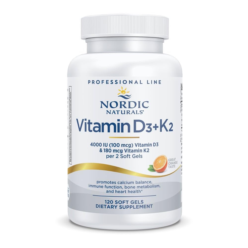 Nordic Naturals Professional Grade Witamina D3 + K2 Suplement, Pomarańczowy Flavor - 60 Soft żele - 4000 IU Witamina D3 & 180 mcg K2- Promuje Wapń Równowaga i Immune Function - Non-GMO - 30 Służenie