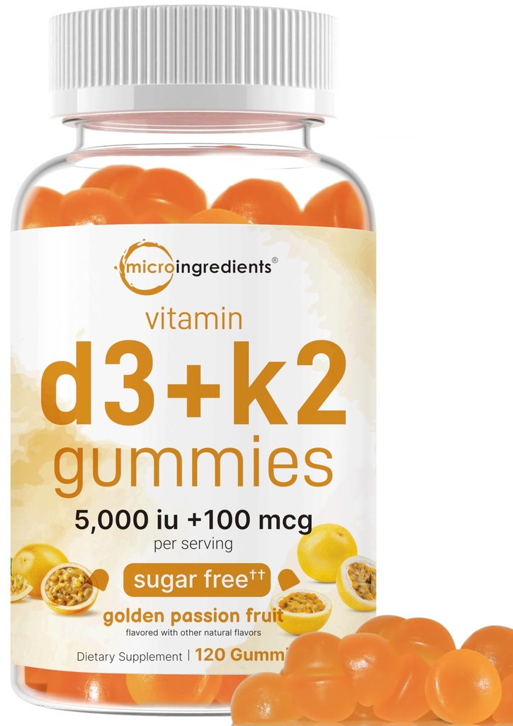 Micro Składniki Witamina D3 K2 Gummie, 120 Hrabia 124; 5000 IU Witamina D + 100 μg K2 MK- 7 Bilans 124; Kość, Immune & Heart Health Supplements * 124; Sugar Free Golden Passion Fruit Flavor 124; Non-GMO, Gluten Free