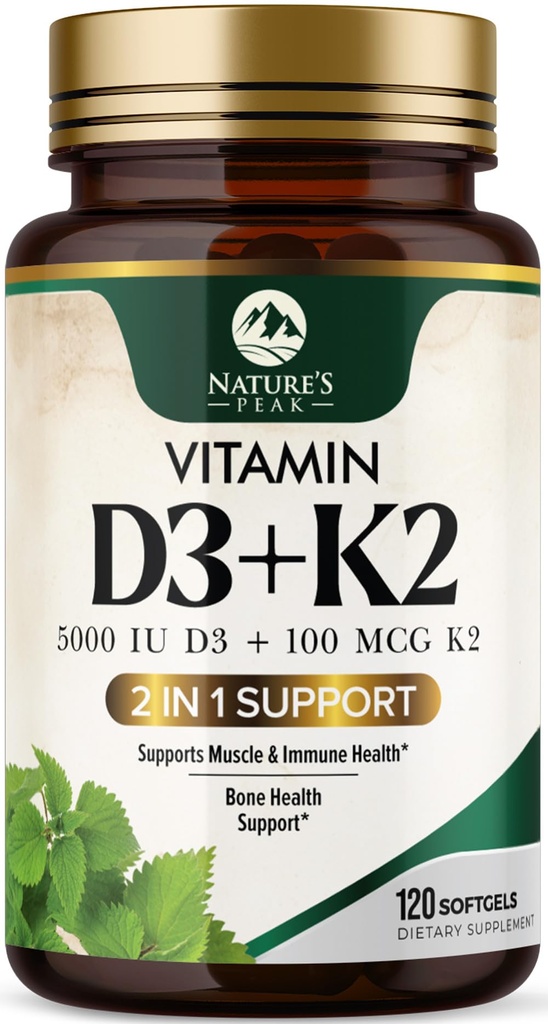 D3 K2 Witamina - Witamina D3 5000 IU Na Softgel - Wysoka moc Witamina D3 Suplement - 2- in-1 Kompleks Witamina D & Witamina K2 (MK7) - Łatwe do połknięcia, kości i wsparcia immunologicznego - Butelka USA - 120 Softgels