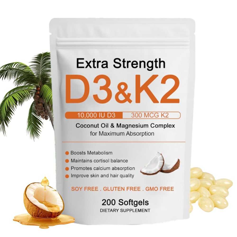 Witamina D3 K2 Magnezu Complex, Extra Siła Wellness D3K2 z Triple Magnezu i oleju kokosowego dla maksymalnej absorpcji, Wsparcie kości i zdrowia immunologicznego, Non-GMO, Łatwe do połykania, 200 Softgels
