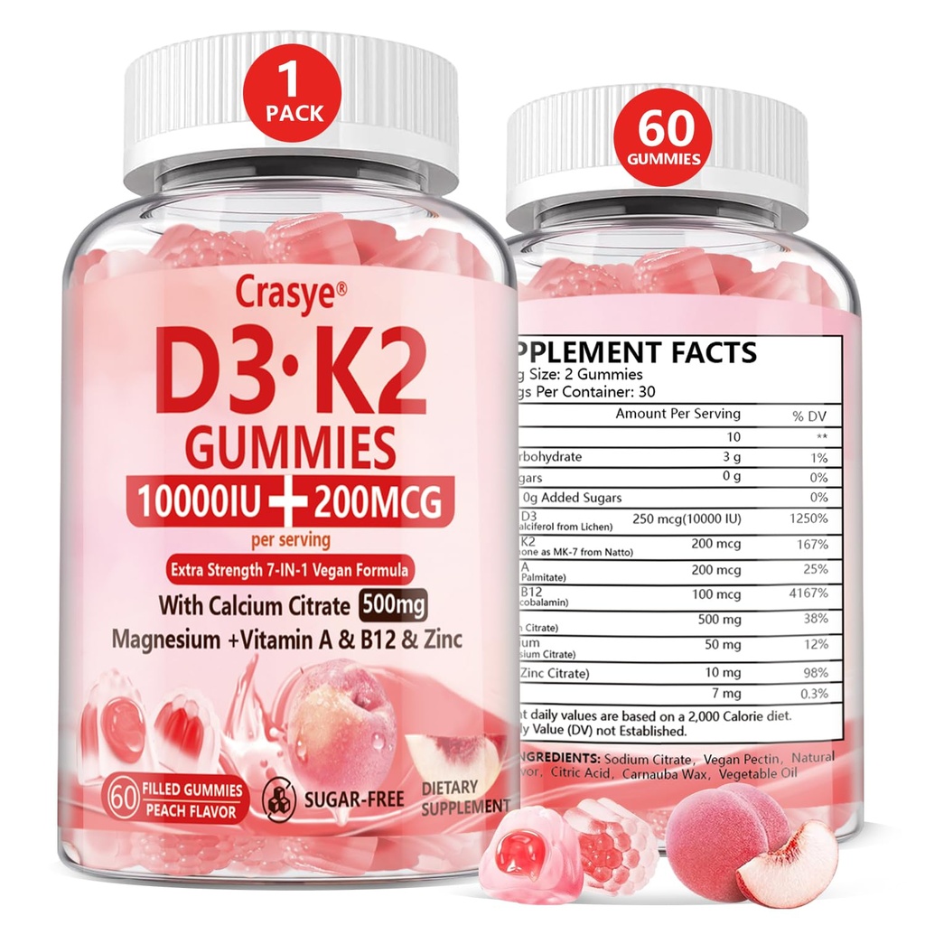 Witamina D3 K2 Gummies 10000 j.m. z 500mg wapnia Magnezu Zinc Gummy Sugar Free ADK + witamina B12 Suplementy dla kobiet i mężczyzn kości, Mięśnie, Łyżeczka tytoniu Flavor - 60 Gummies - 30 Służenie