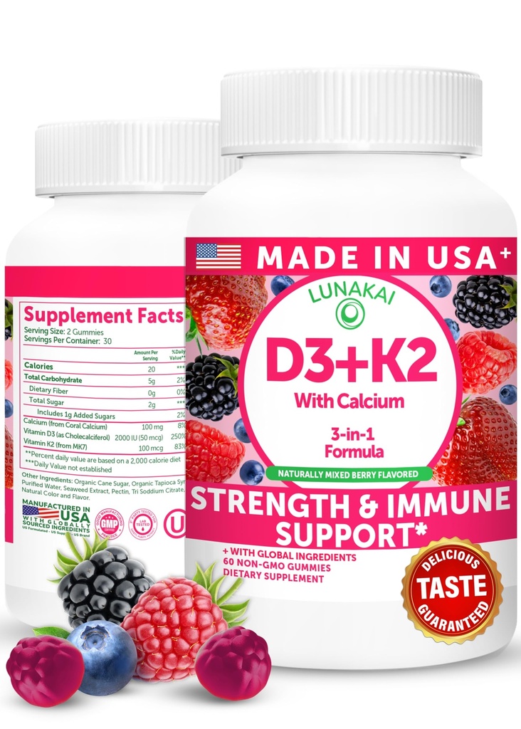 Lunakai USA Made Witamina D3 K2 Gummies z wapniem - 3- in-1 Daily Vegan Suplement dla kości i wsparcia immunologicznego dla kobiet, mężczyzn i dzieci, 60ct
