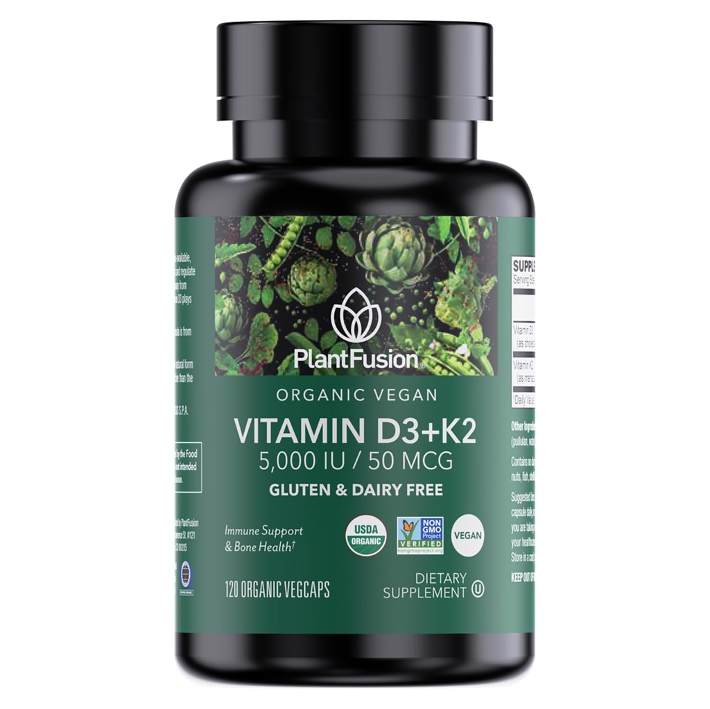 PlantFusion Organic Vegan Witamina D3 + K2 5,000 IU, 50MCG - Witamina D zakwaszona z Lichen na bazie roślin i Witamina K2, dla wsparcia immunologicznego i zdrowia kości - 120 Kapsułki